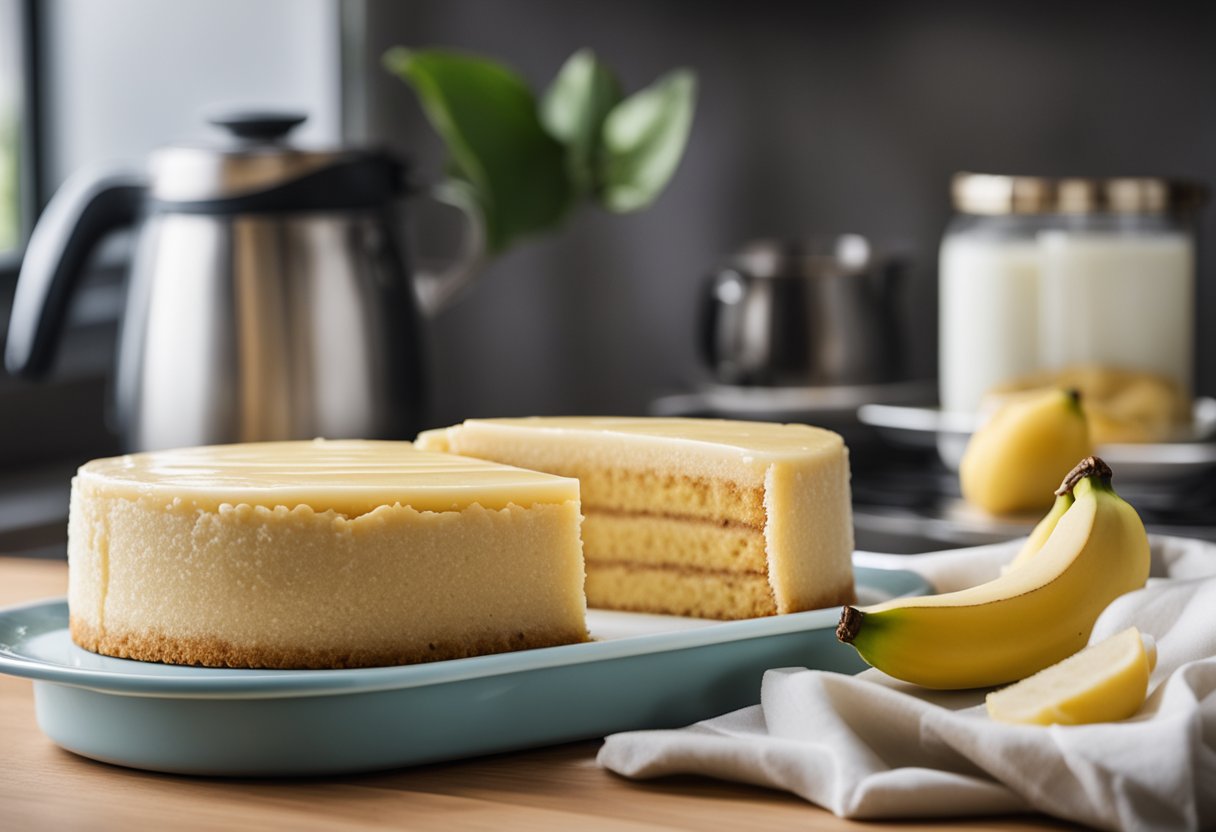 A banana sponge cake sits on a kitchen counter next to a stack of storage containers. The cake is covered in a light glaze and topped with fresh banana slices