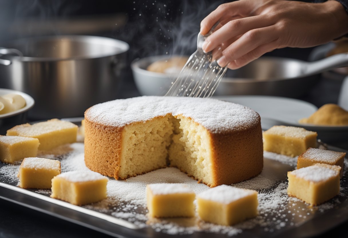A banana sponge cake being removed from the oven, steam rising, golden crust, and a sweet aroma filling the kitchen
