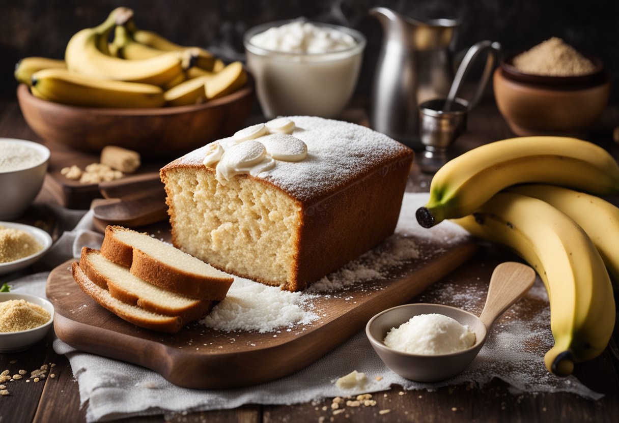A table with ingredients and utensils for baking a banana sponge cake