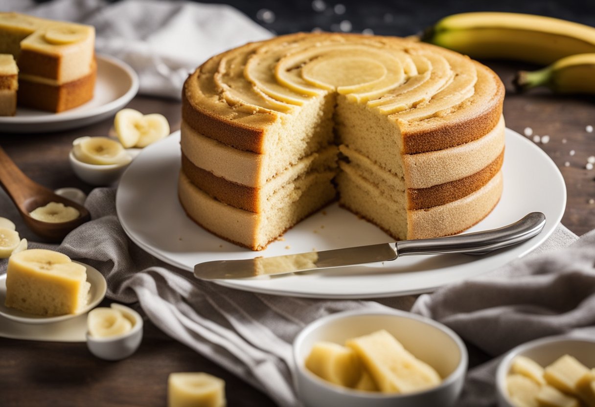 A banana sponge cake being sliced with a knife, surrounded by ingredients and a recipe card labeled "Frequently Asked Questions banana sponge cake recipe"