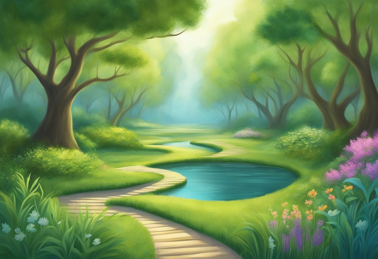 A serene setting with intertwining paths, representing the combination of NLP and hypnosis. The paths lead to a tranquil oasis, symbolizing the benefits of the two techniques
