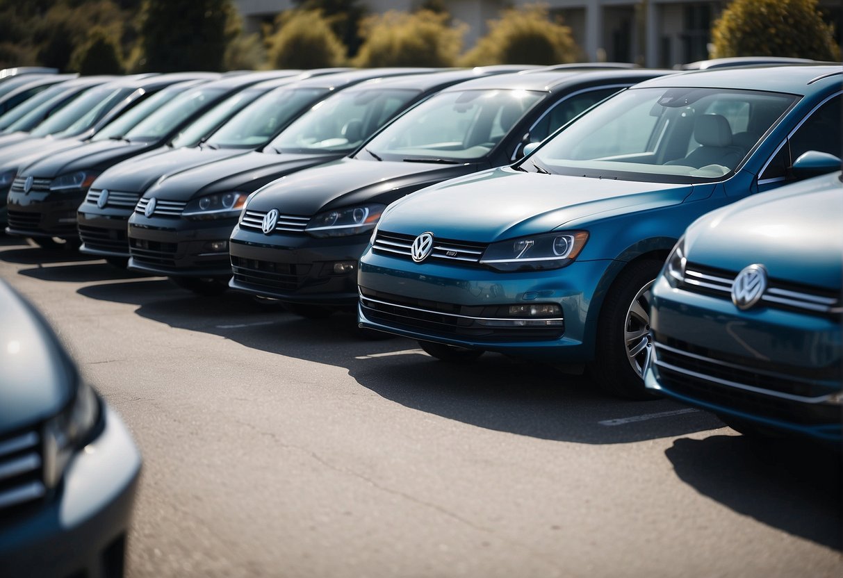 A bright, sunny day with a clear blue sky, showcasing a Volkswagen dealership with rows of shiny new cars