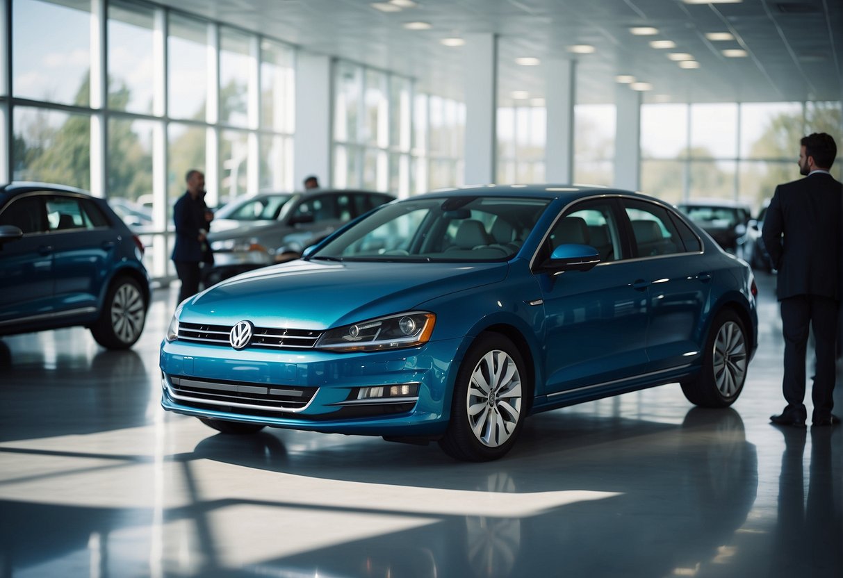 A bright blue Volkswagen sits in a dealership showroom, surrounded by eager salespeople. The sun shines through the windows, casting a warm glow on the sleek exterior of the car