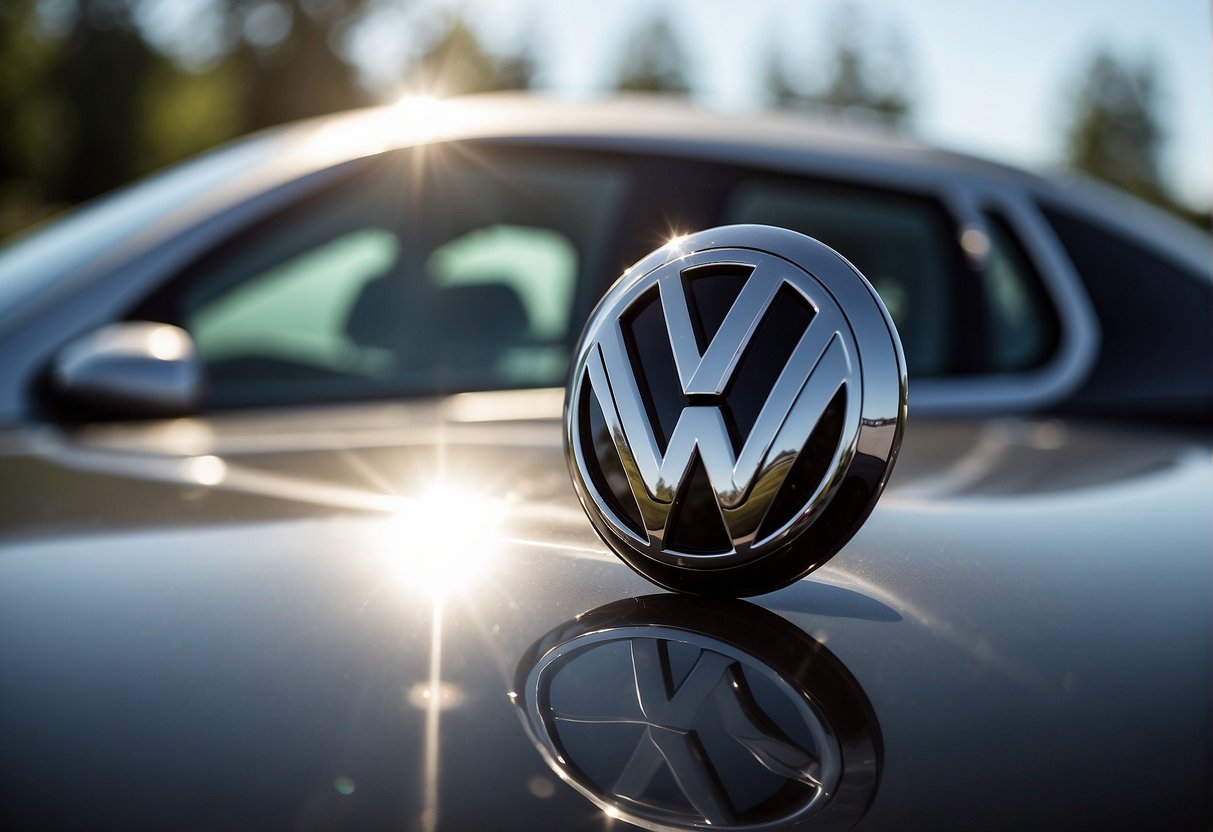 A bright, sunny day with a shiny Volkswagen car on display at a dealership. The salesperson is offering a great deal to a smiling customer