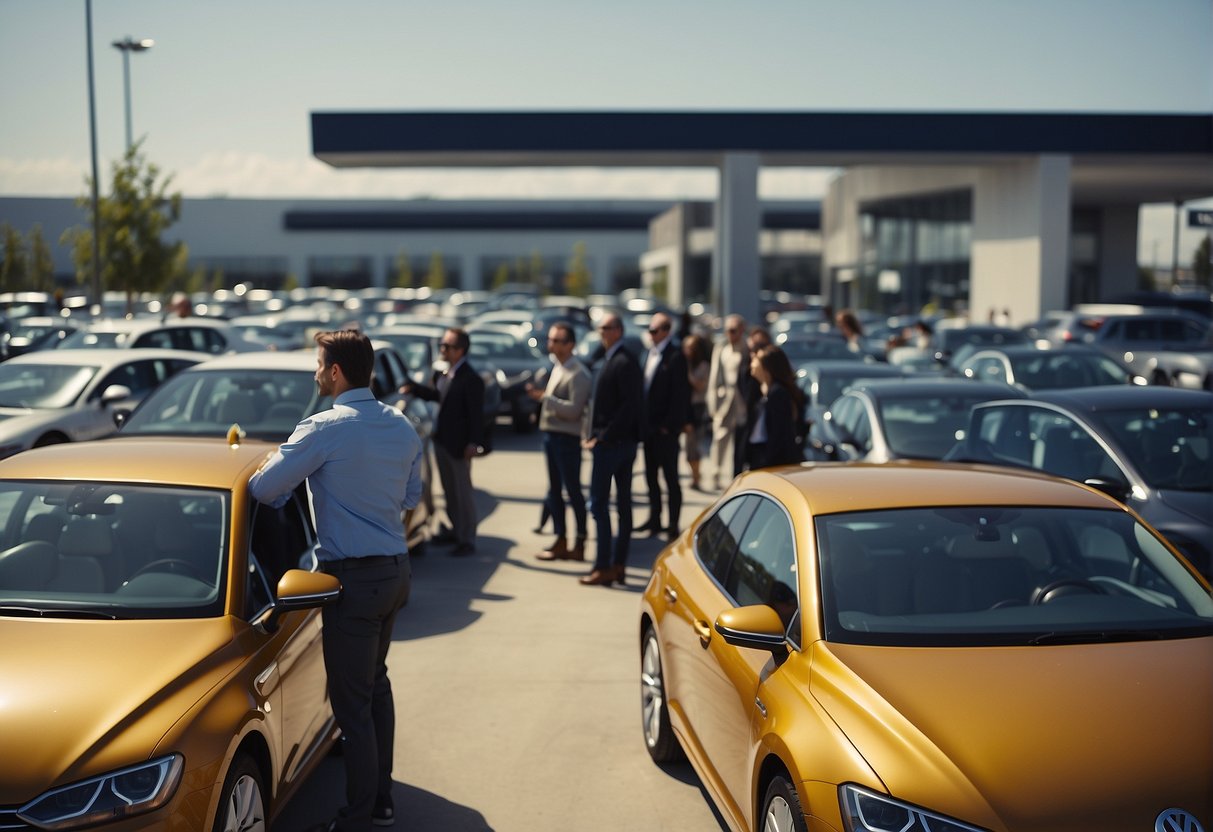 A sunny day at a car dealership, with a Volkswagen prominently displayed. A crowd of people browsing, with a salesperson engaging with a potential buyer