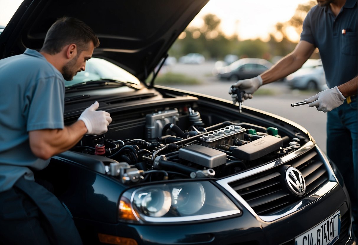 A Volkswagen Jetta with the hood open, revealing a set of spark plugs being replaced by a mechanic's hand