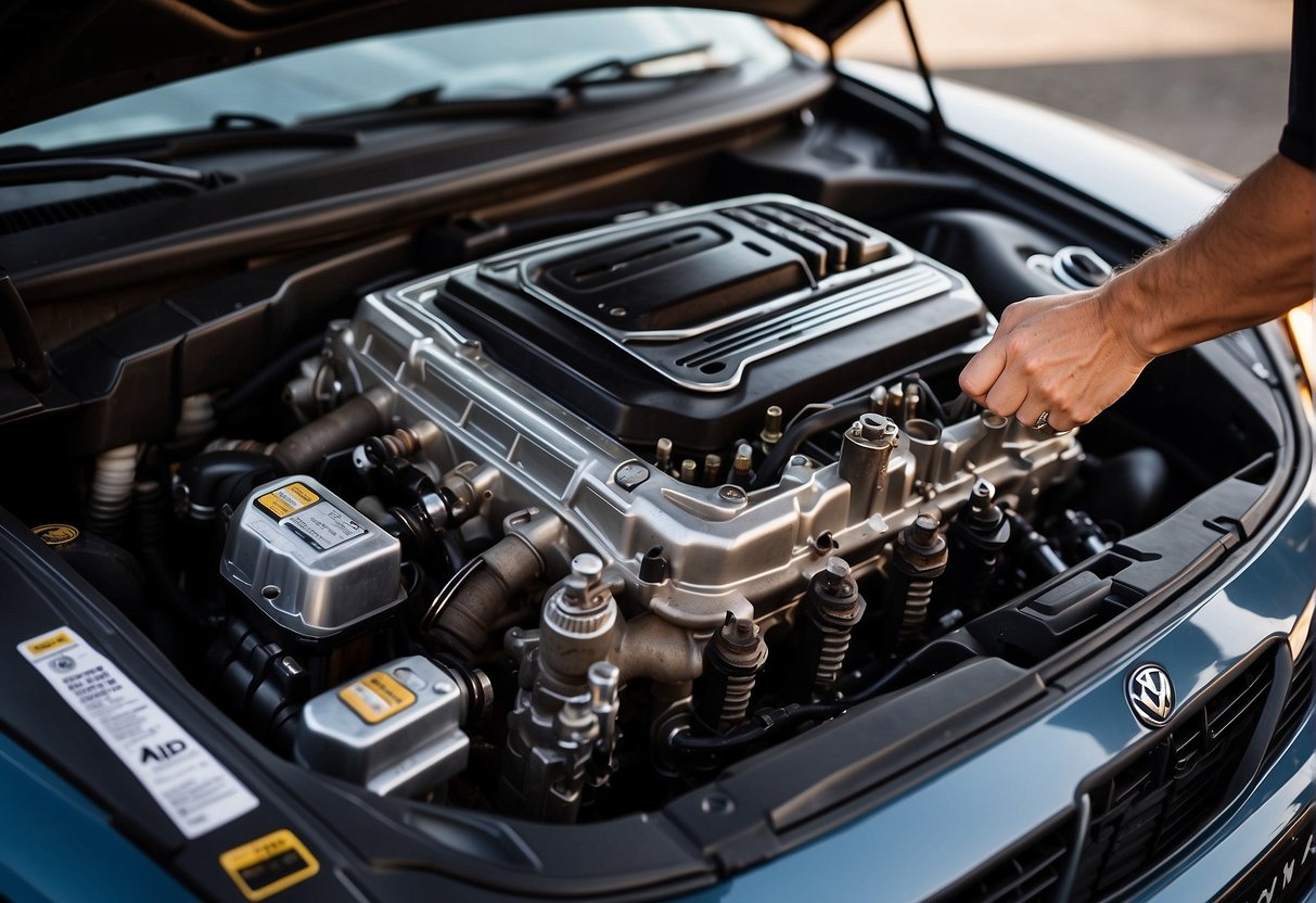 A Volkswagen Jetta engine with spark plugs being replaced, tools and new spark plugs nearby