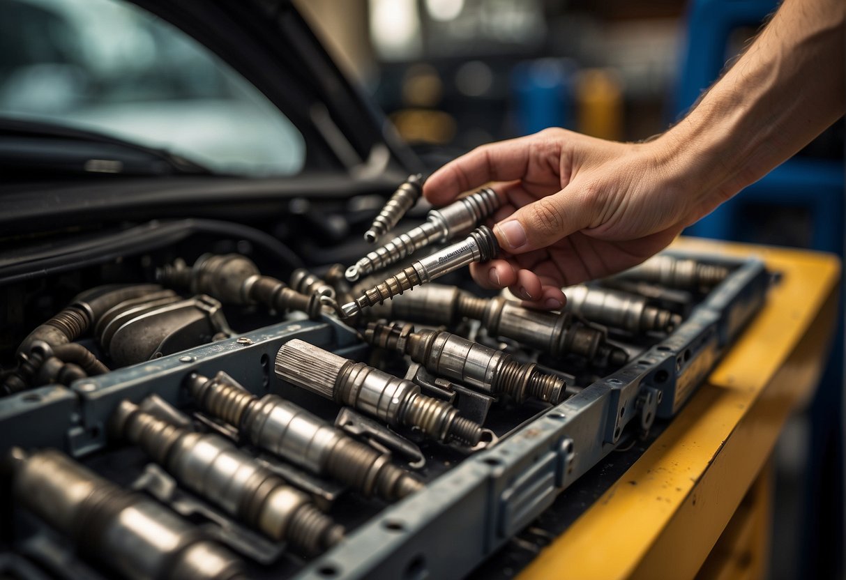 A hand reaches for a set of spark plugs on a workbench, with a Volkswagen Jetta in the background. The old spark plugs are being removed from the engine, ready to be replaced with the new ones