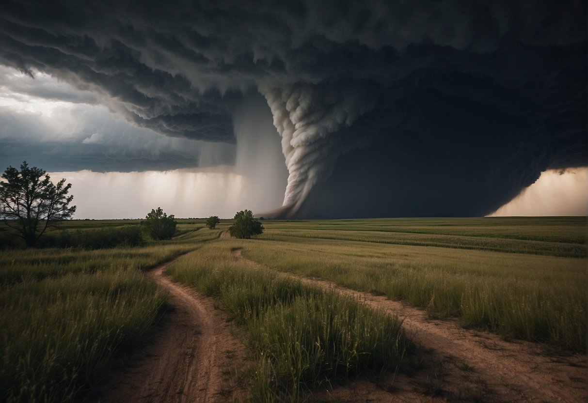 A swirling tornado looms over a desolate landscape, casting a shadow of fear and uncertainty. The dark funnel cloud churns with power and menace, evoking a sense of chaos and impending danger