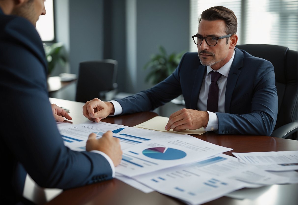 A mortgage broker discusses lending criteria with a bank representative, while numbers and financial documents are spread out on a desk