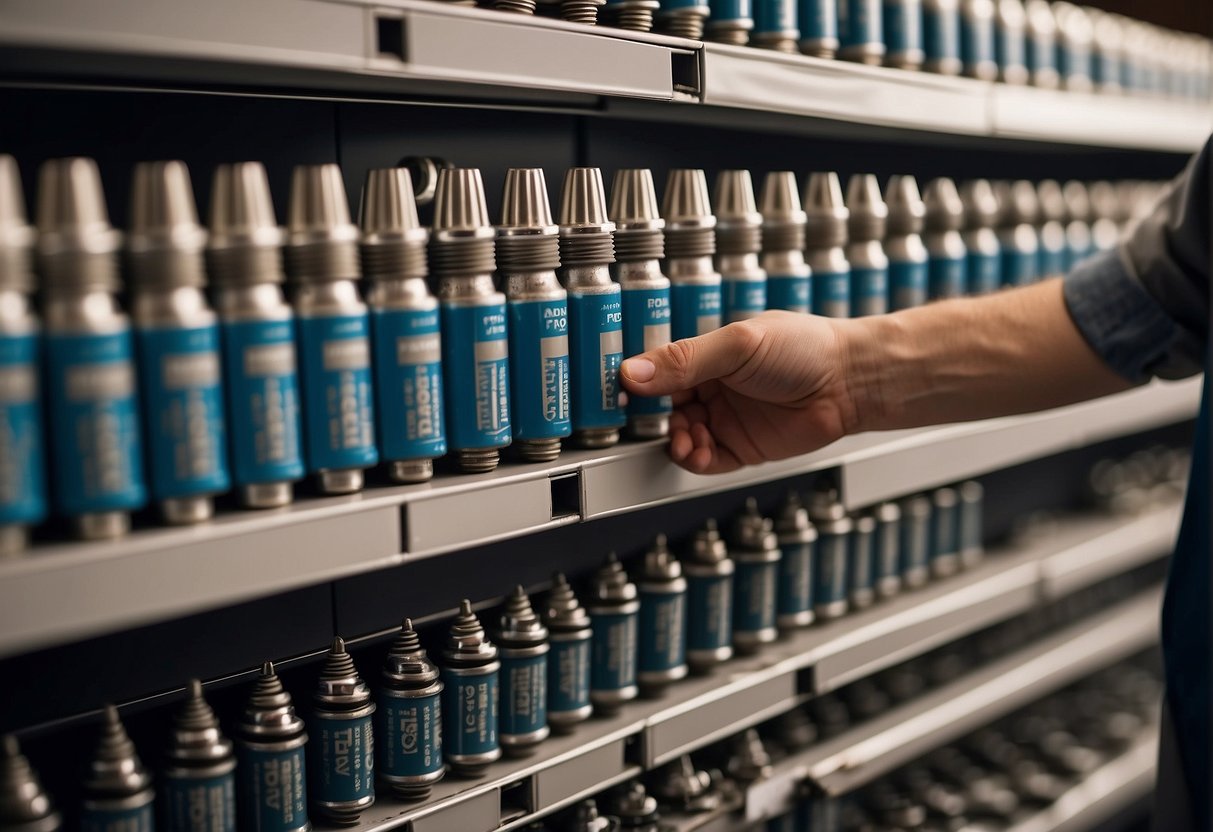 A hand reaching for a set of spark plugs labeled "best for Volkswagen Passat" on a shelf in an auto parts store