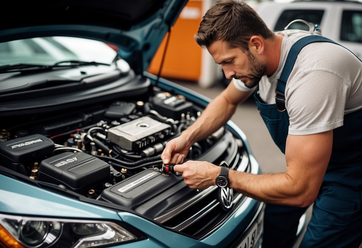 A mechanic installs and maintains spark plugs in a Volkswagen Passat engine