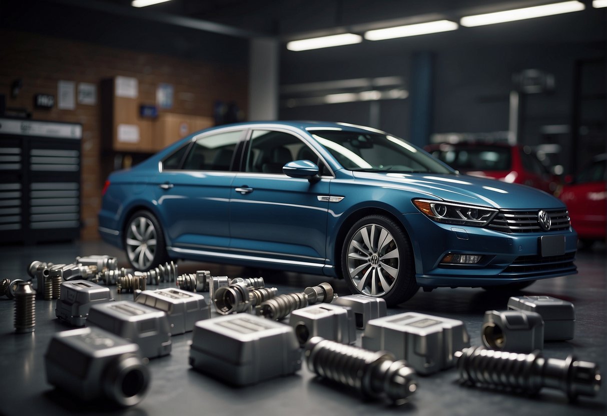 A Volkswagen Passat surrounded by various spark plug options with a "Frequently Asked Questions" banner in the background