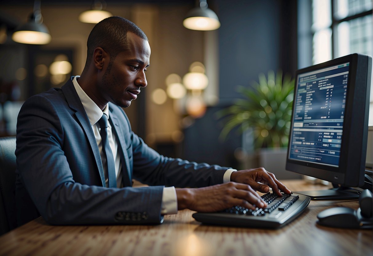 A bank employee inputs income, expenses, and credit history into a computer program to determine a customer's borrowing capacity for a home loan