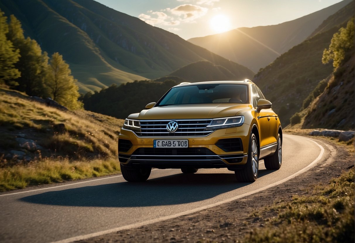 A Volkswagen Touareg driving through a scenic mountain pass, with the sun setting in the background, casting a warm glow over the rugged terrain