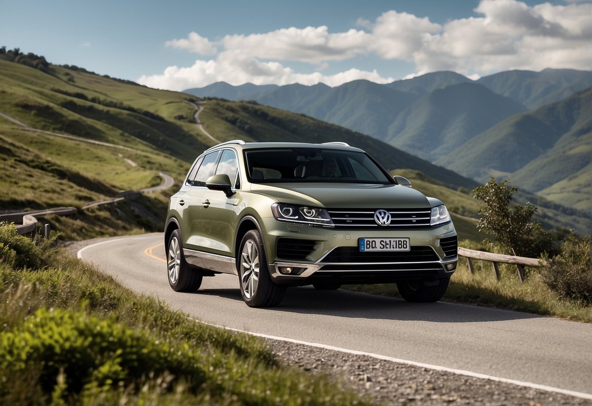 The Volkswagen Touareg parked on a rugged mountain trail, with a scenic view of a winding road and lush greenery in the background