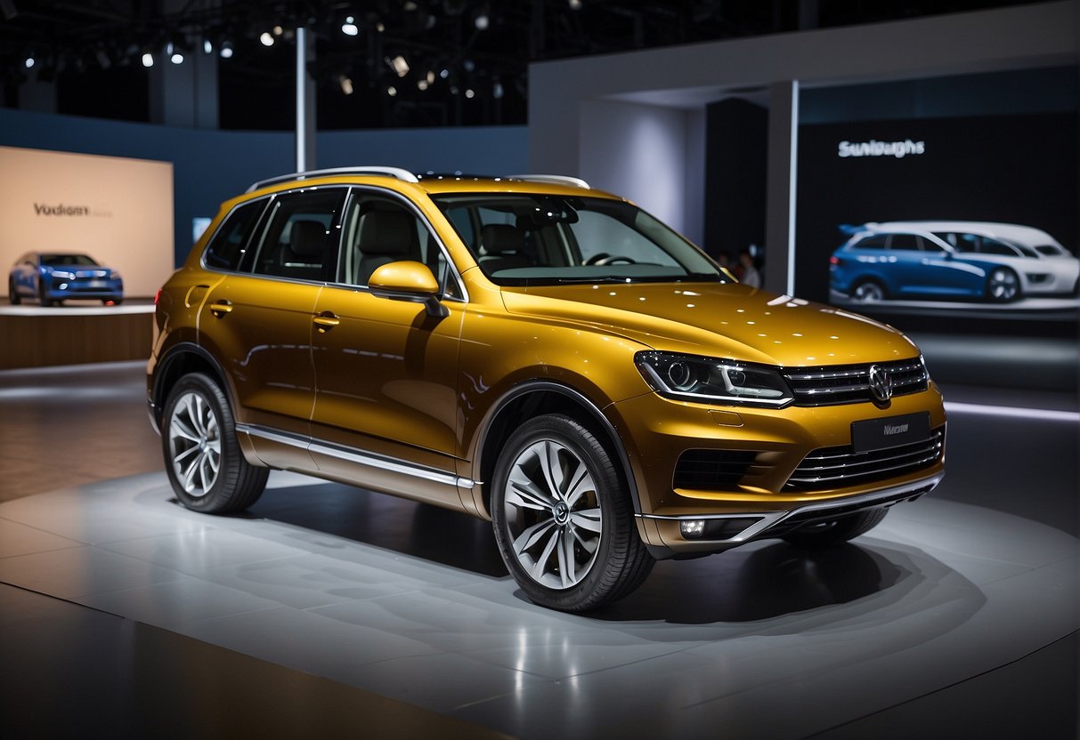 The Volkswagen Touareg's model evolution is depicted through a series of vehicles, showcasing the progression from earlier models to the latest version