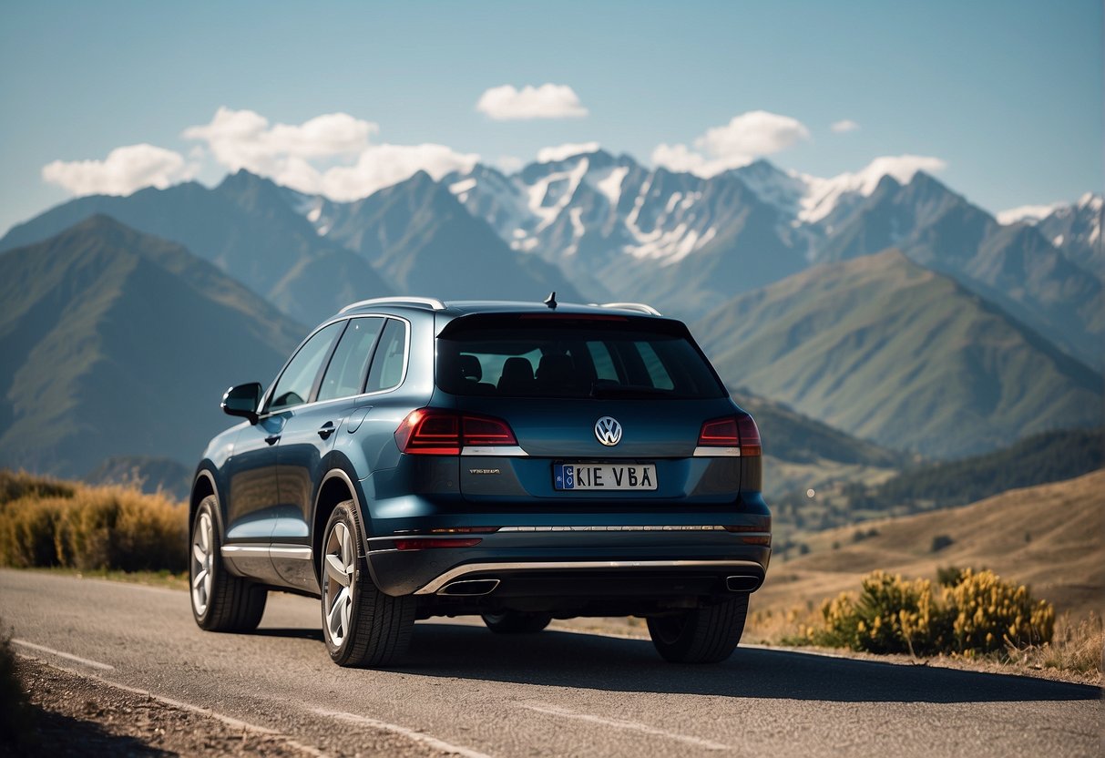 A Volkswagen Touareg parked in a scenic location with mountains in the background and a clear blue sky above