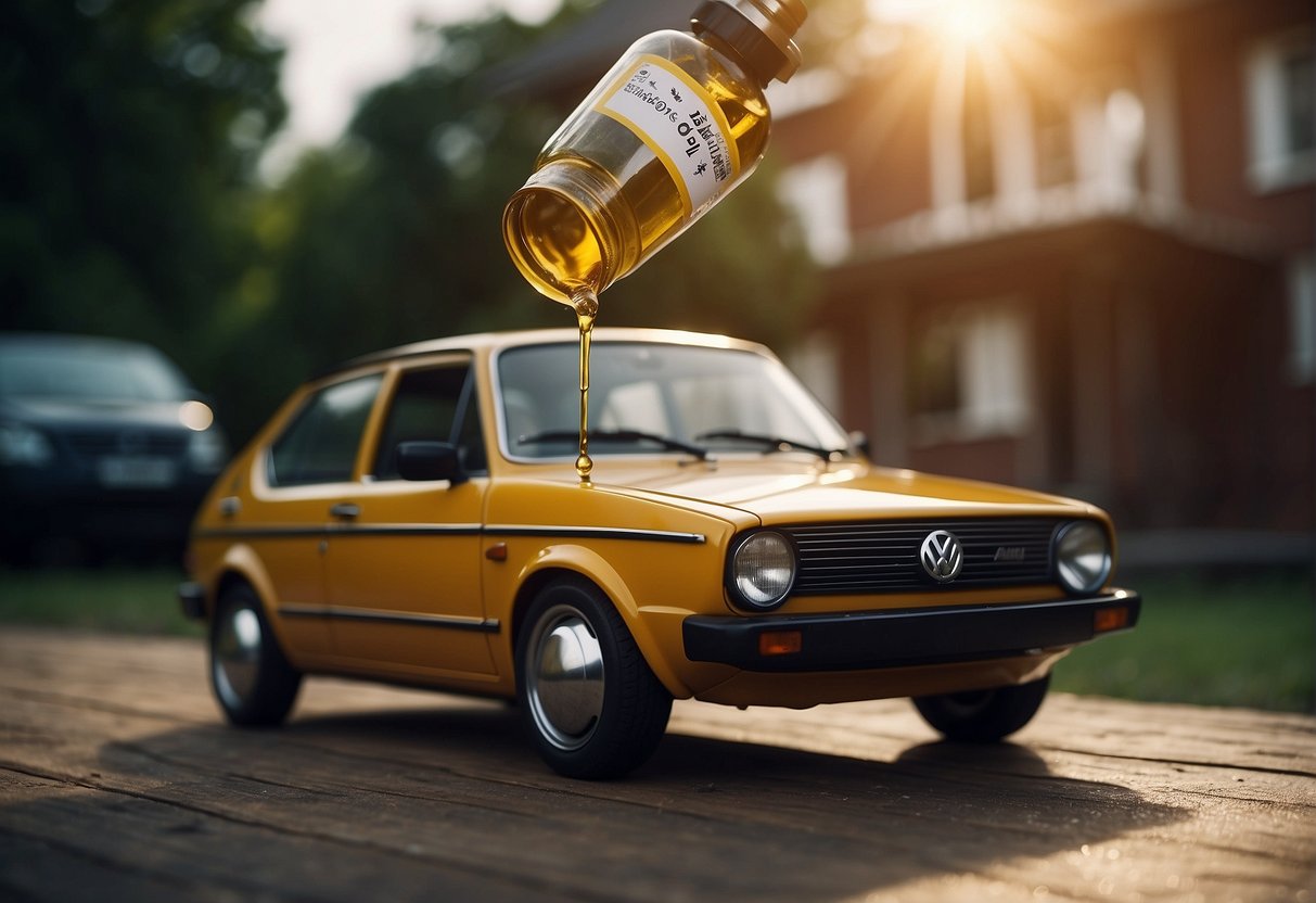 Volkswagen car with oil canister labeled "best oil" being poured into the engine