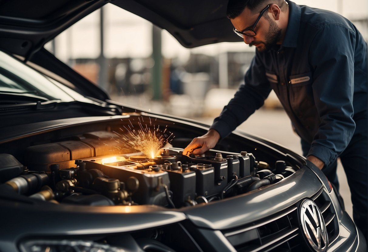 A mechanic pours high-quality oil into a Volkswagen engine, carefully selecting the right type for optimal performance