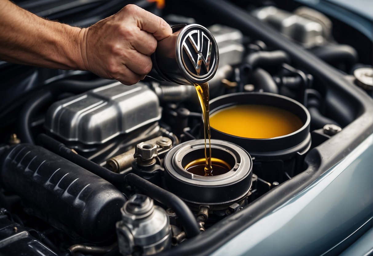 A Volkswagen engine with a mechanic pouring high-quality oil into the oil reservoir, ensuring proper maintenance and engine health