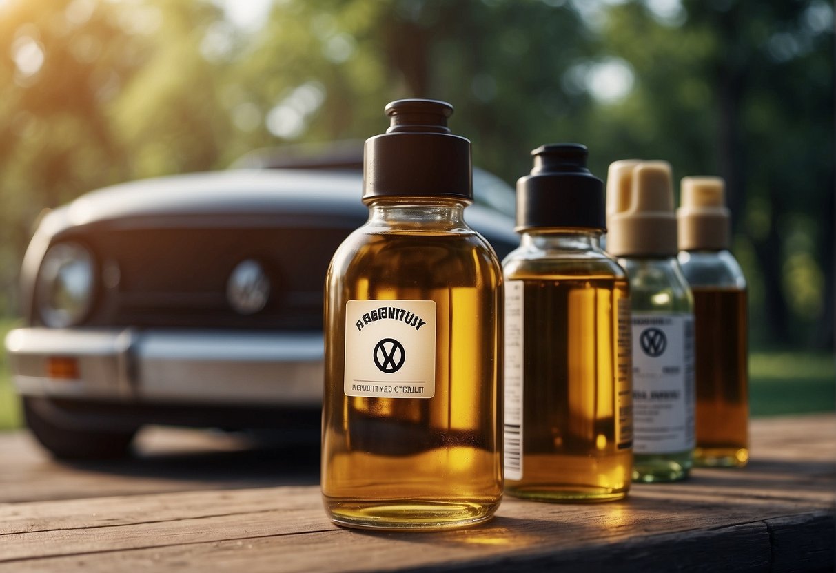 A Volkswagen car surrounded by different types of oil bottles, with a "Frequently Asked Questions" sign displayed prominently