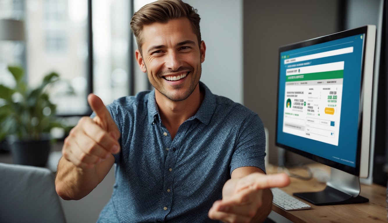 A person pointing to a rising credit score on a computer screen with a happy expression