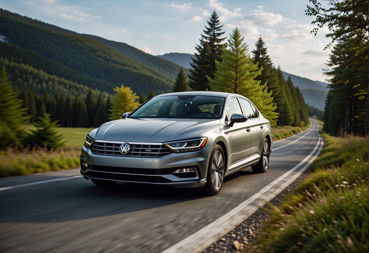 A Volkswagen Passat with high-performance tires, driving smoothly on a winding road