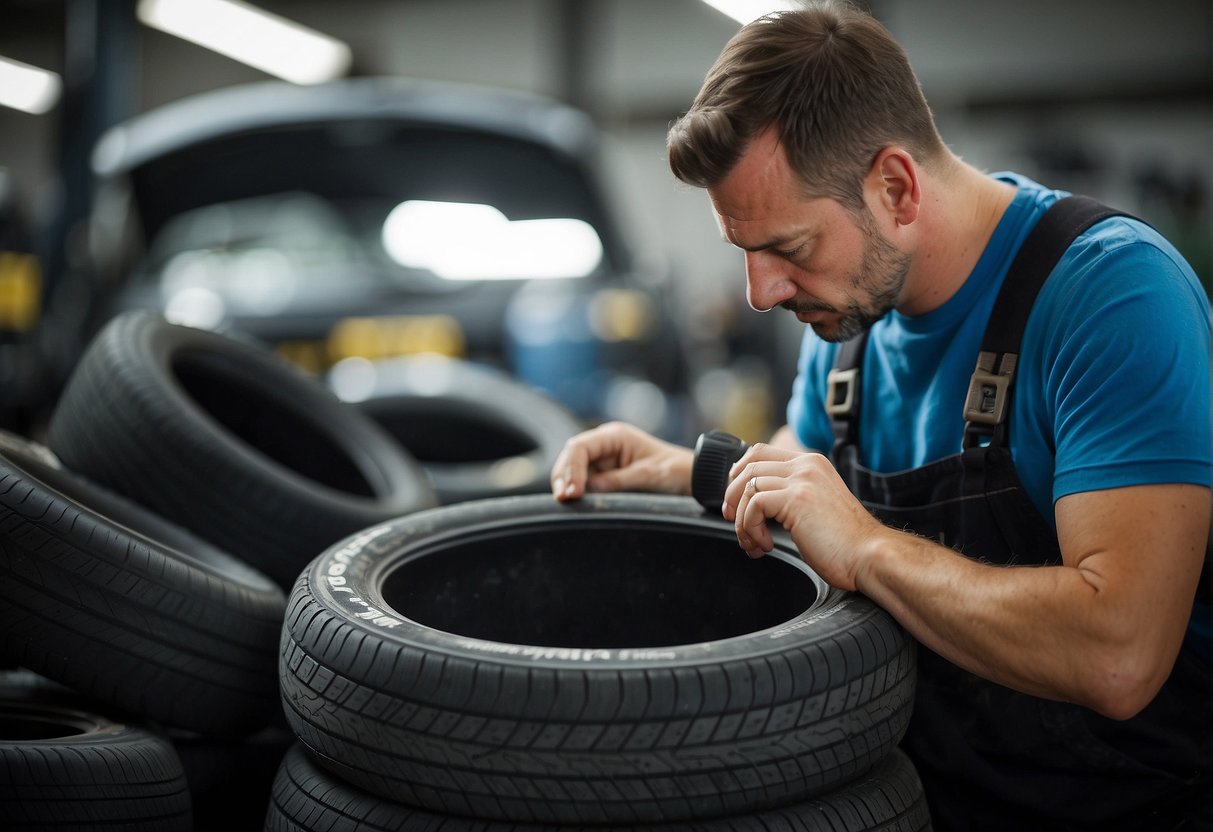 A mechanic carefully examines various tires, comparing sizes and tread patterns, to find the best fit for a Volkswagen Passat