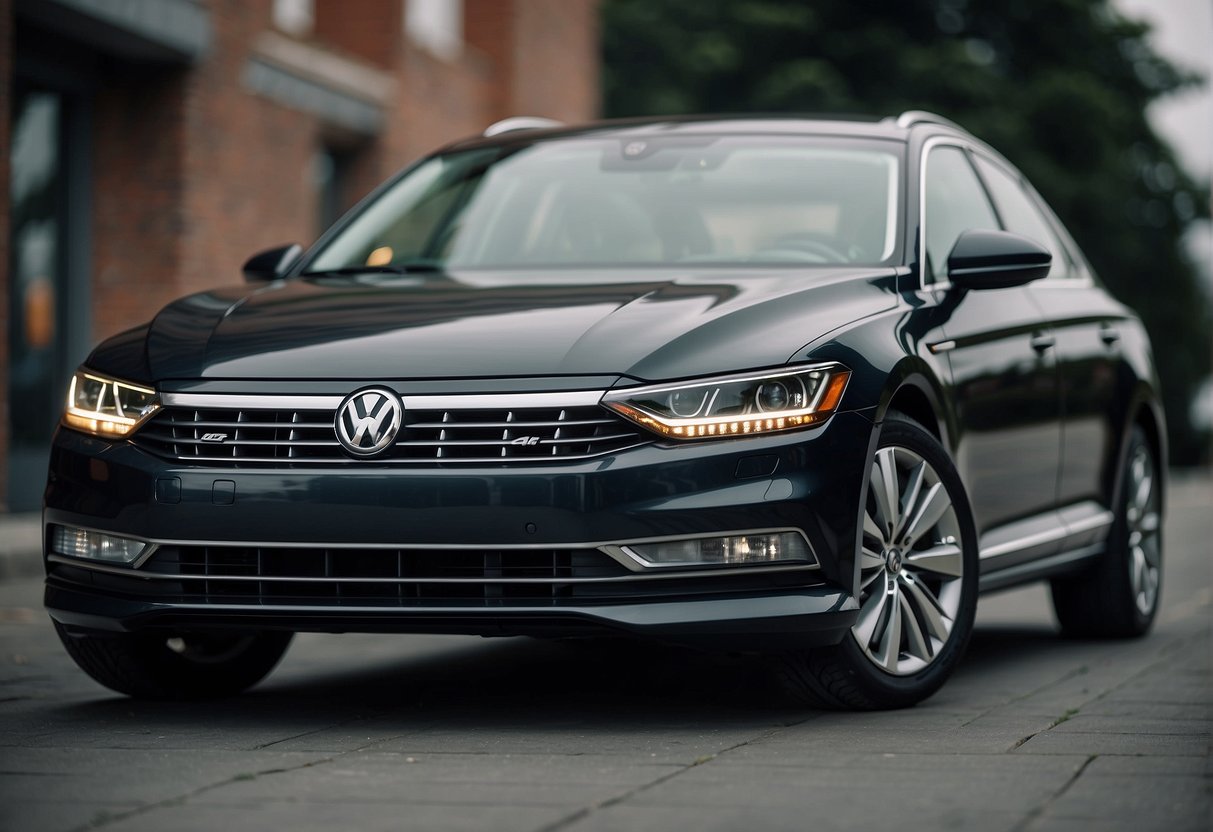 A Volkswagen Passat parked with a set of recommended tires displayed next to it. The tires are high-quality, with a sleek and modern design