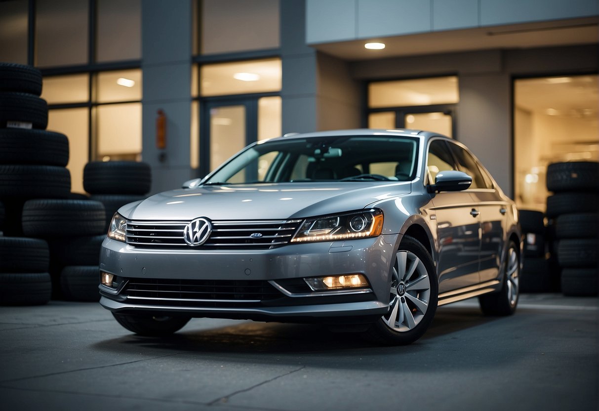 A Volkswagen Passat parked with various tire options displayed around it. A sign reads "Frequently Asked Questions: Best Tires for Volkswagen Passat."