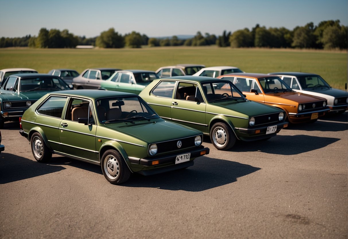 A lineup of classic Volkswagen Golf models from the 1970s to the 2000s, showcasing the evolution of the iconic car over the years