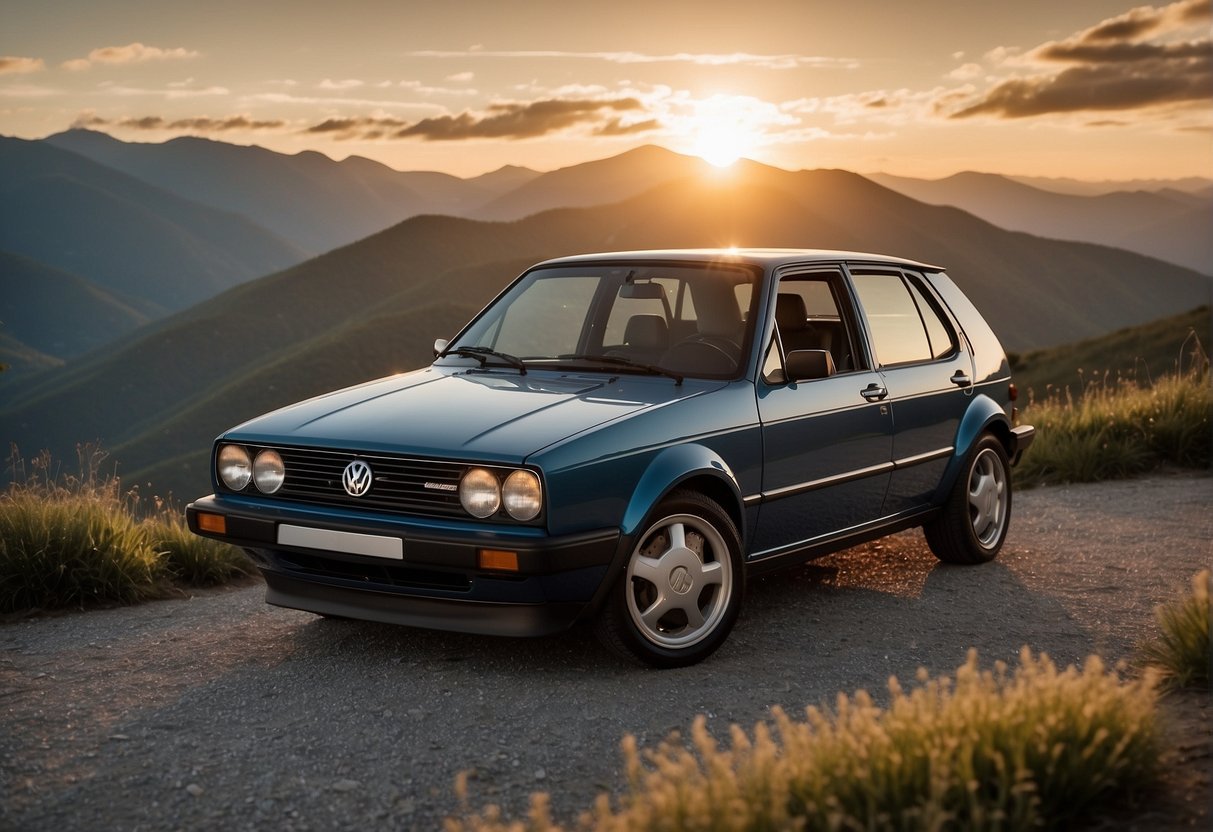 A Volkswagen Golf parked on a scenic mountain overlook, with the sun setting in the background, showcasing the best years of the iconic car model