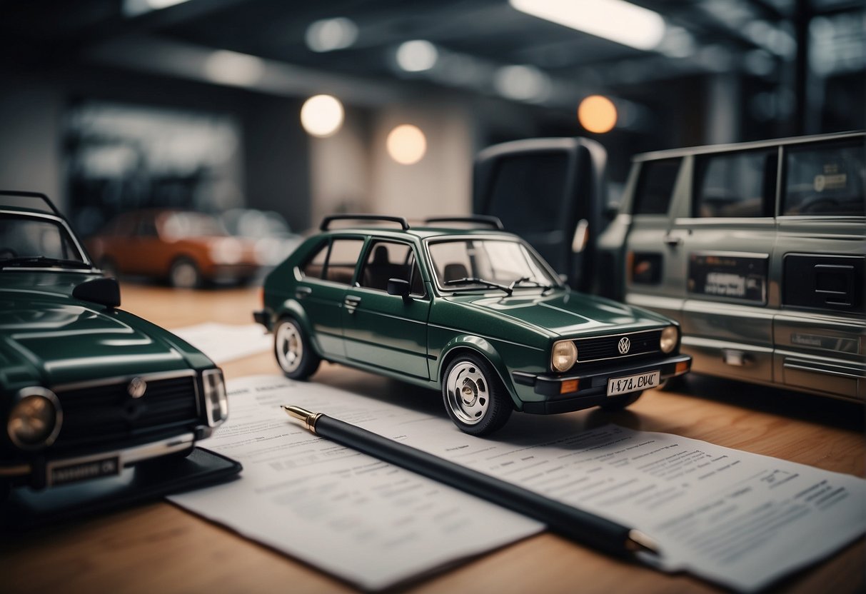 A Volkswagen Golf surrounded by various model years, with a checklist of practical buying tips displayed next to it