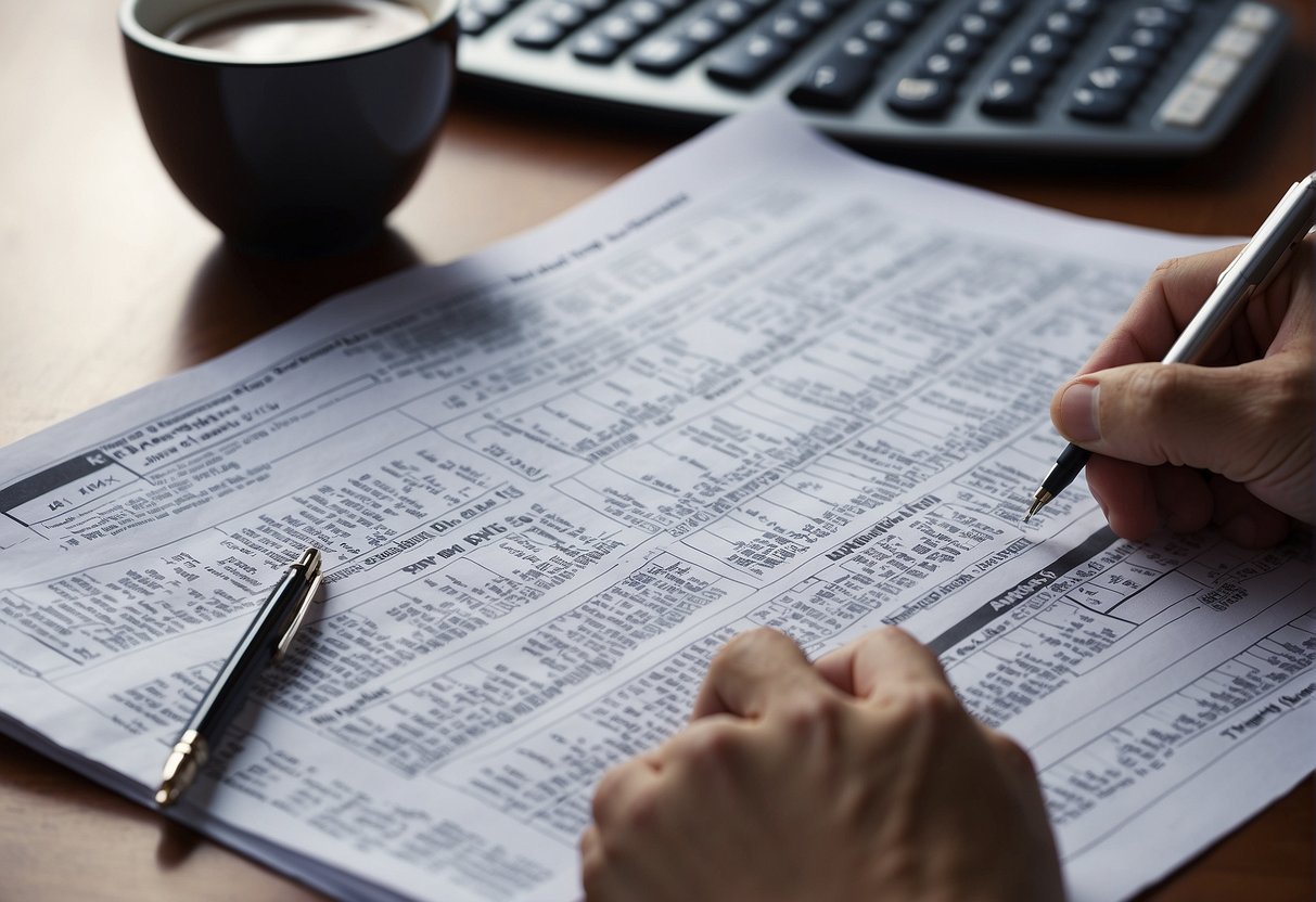 A person reviewing financial documents and charts, with a calculator and pen in hand, while researching ways to improve borrowing capacity