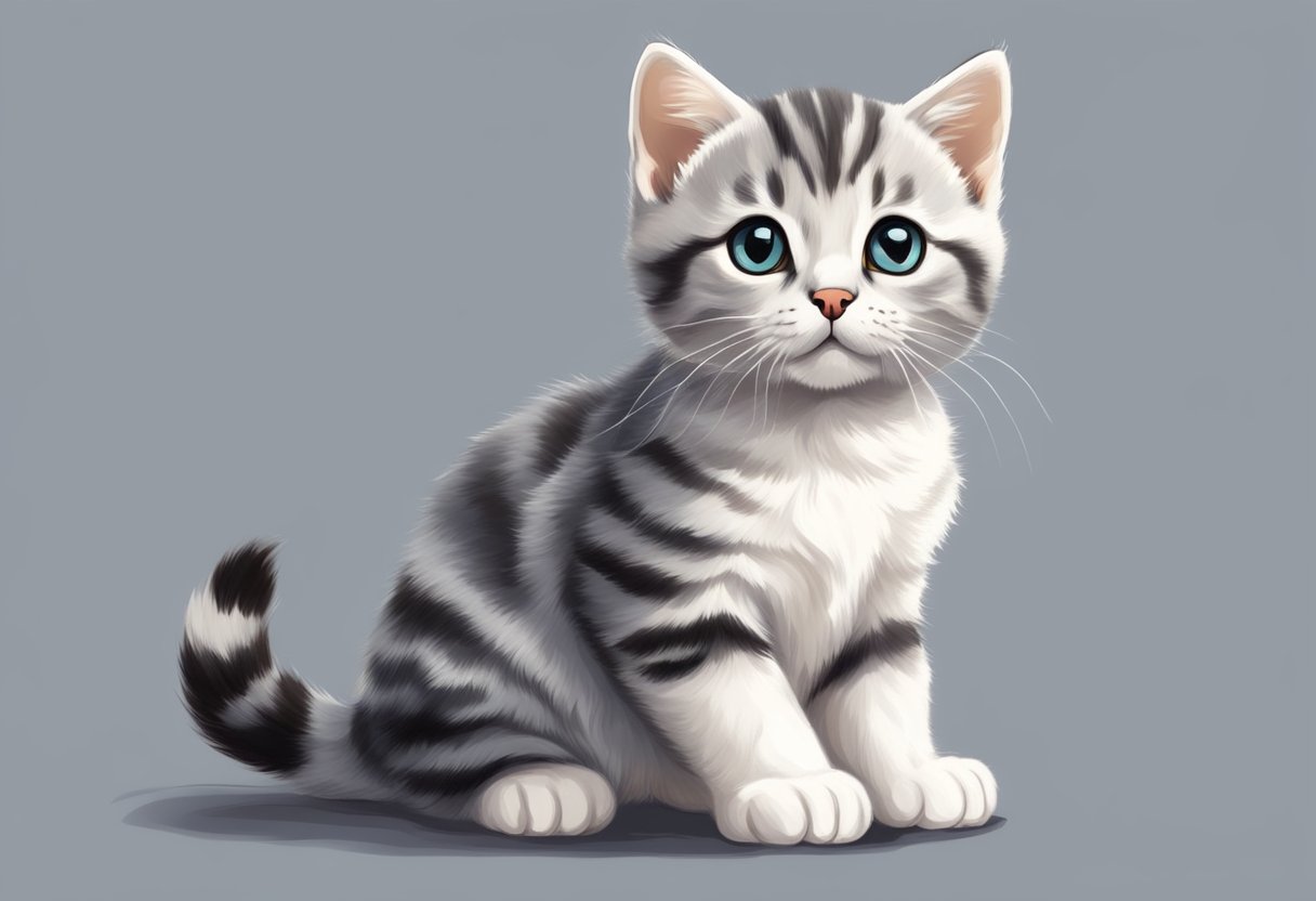 An American Shorthair kitten with a sturdy build and a short, dense coat, sitting alertly, with bright, expressive eyes and a playful demeanor