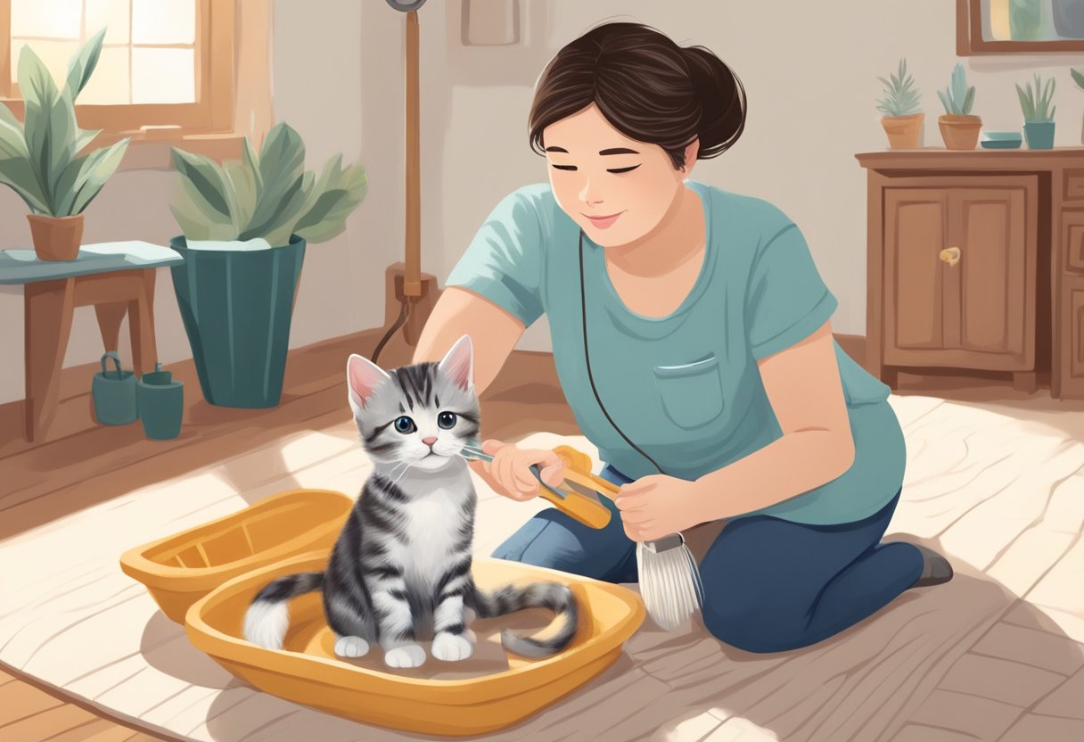 An American Shorthair kitten is being groomed and fed by a caring owner in a cozy, well-lit room