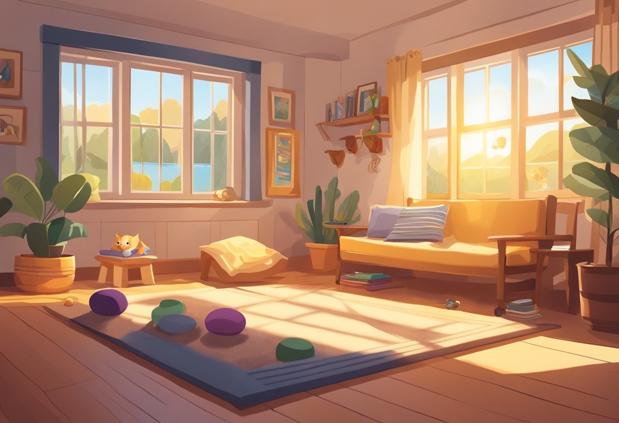 A cozy living room with a soft bed, scratching post, and toys scattered on the floor. Sunlight streams in through the window, casting warm shadows on the walls