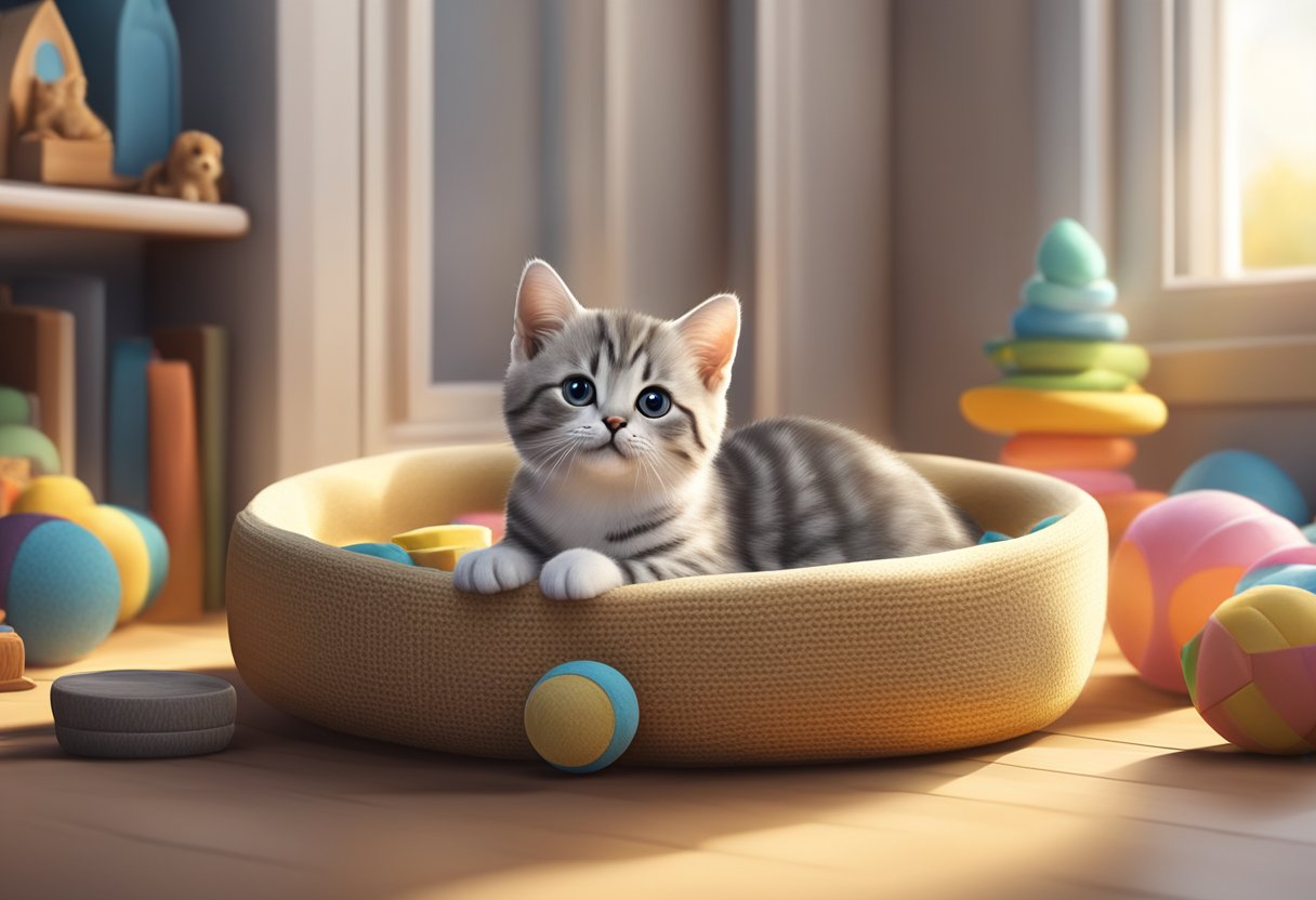 An American shorthair kitten sits in a cozy pet bed, surrounded by toys and a sign advertising it for sale. The background includes a window with sunlight streaming in, creating a warm and inviting atmosphere