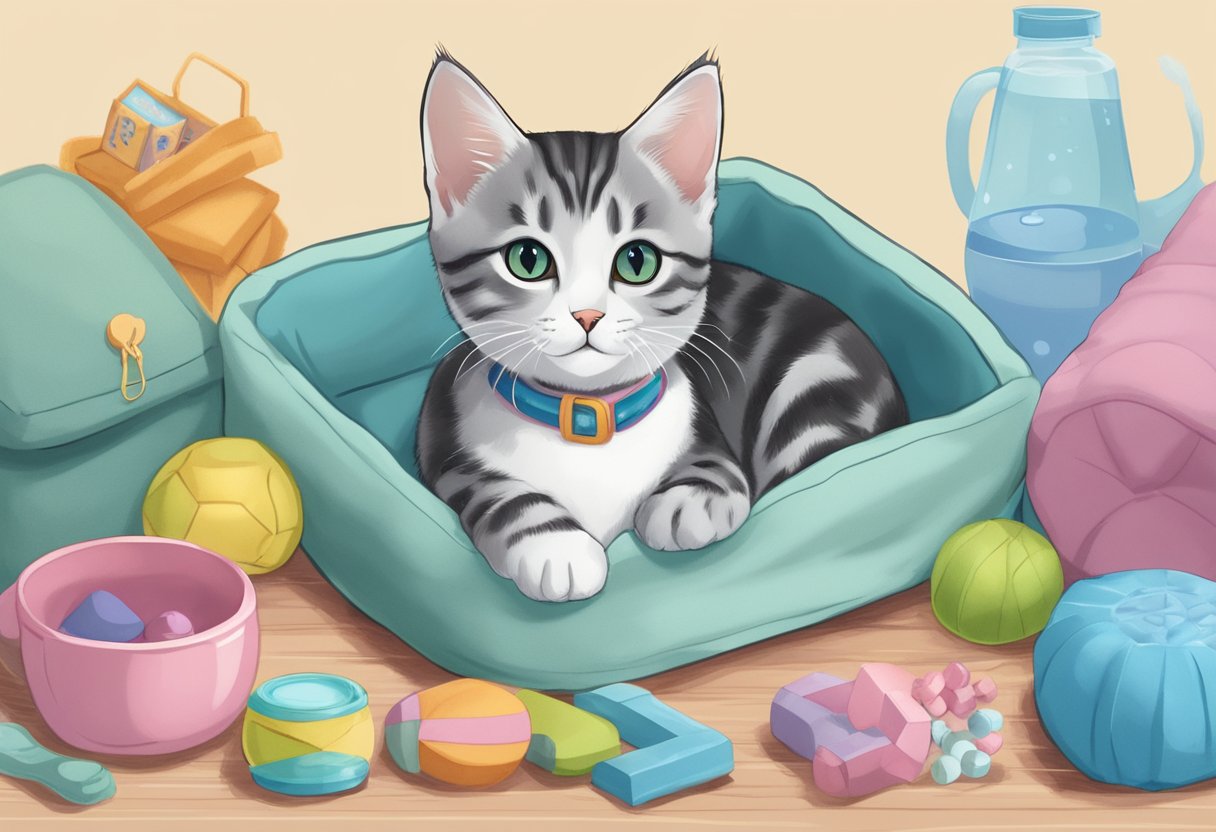 An American shorthair kitten sits in a cozy pet bed, surrounded by toys and a bowl of water. A sign reads "Frequently Asked Questions" about the kitten for sale