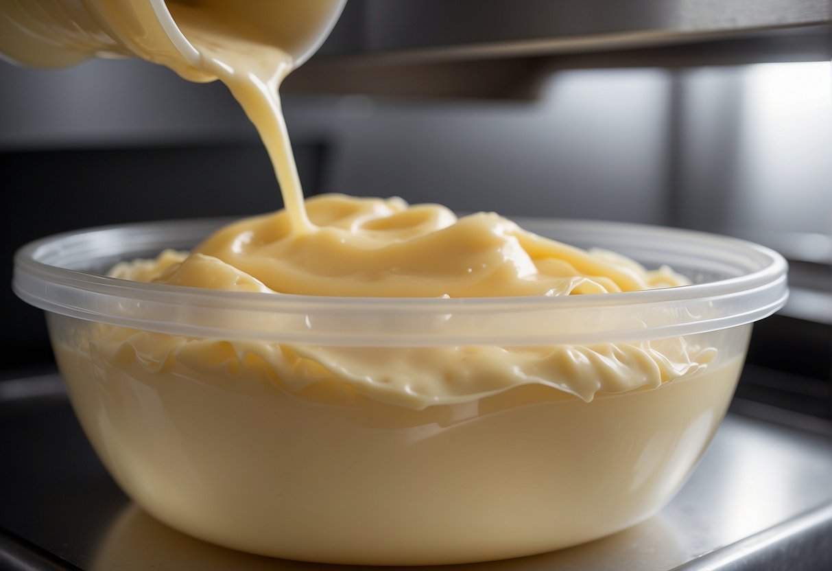Pastry cream in a mixing bowl, covered with plastic wrap, placed in a freezer