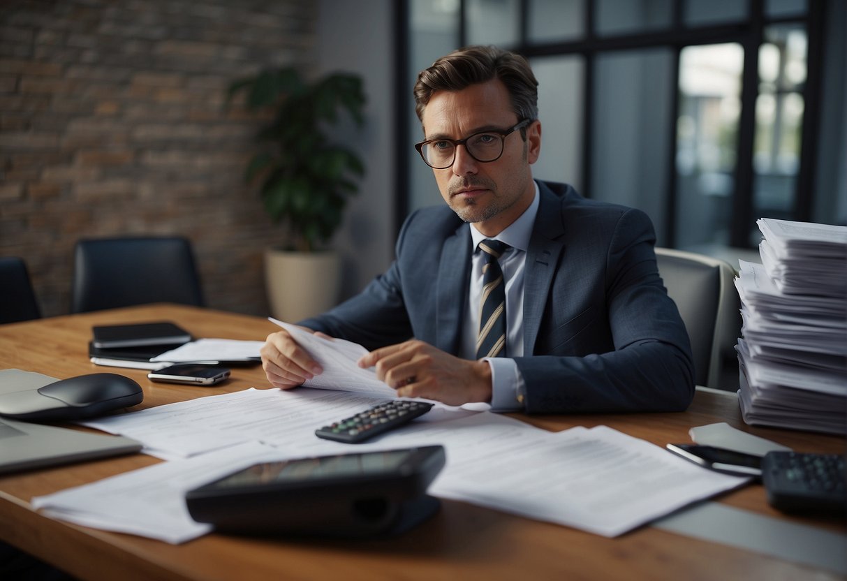 A person sits at a desk, surrounded by bills and financial documents. They are using a calculator and writing notes on a pad, with a determined expression on their face