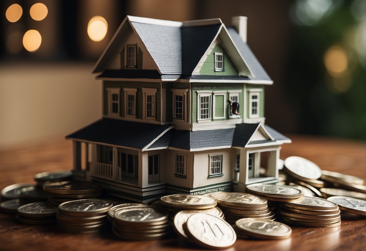 A pile of money stacked next to a house, with arrows pointing upwards, symbolizing increasing borrowing capacity