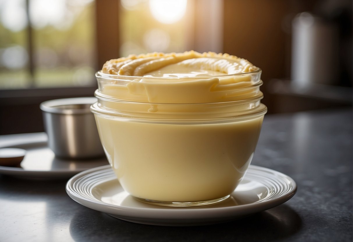 A bowl of pastry cream sits on a counter next to a tightly sealed container. A freezer door is open, with the container of pastry cream being placed inside