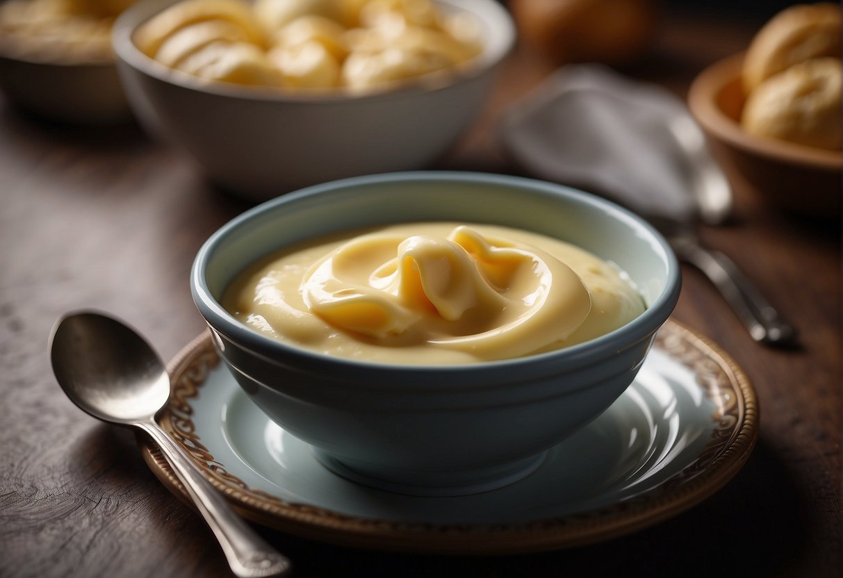 Thick pastry cream in a bowl next to a freezer