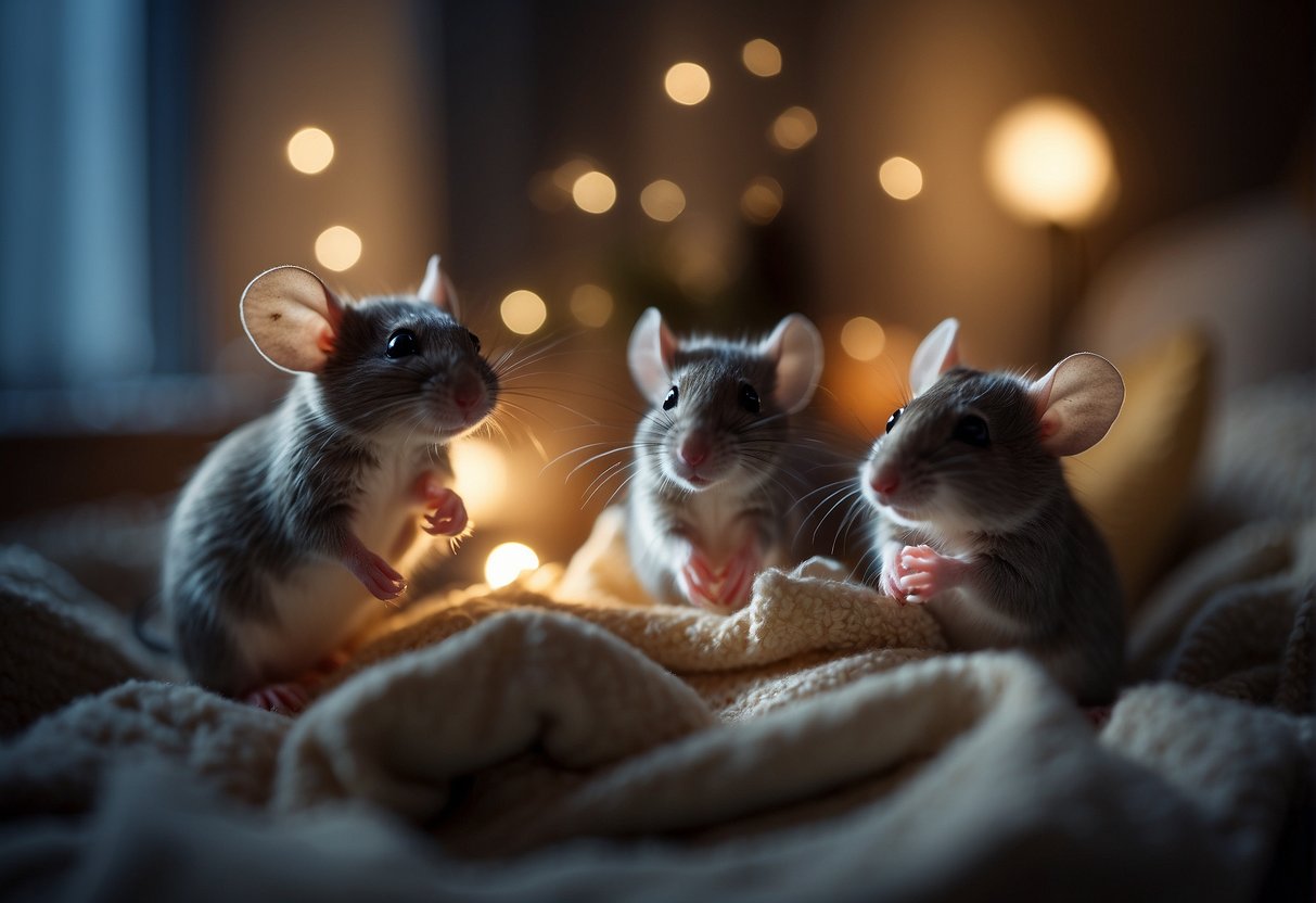 A small, cozy bedroom with moonlight streaming in through the window. A group of playful mice scurry around, dancing and playing among the scattered pillows and blankets