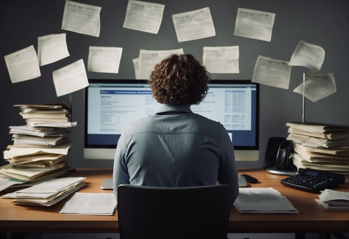 A person researching online, surrounded by financial documents and calculators, with a puzzled expression while reading "Frequently Asked Questions: how to increase your borrowing capacity."