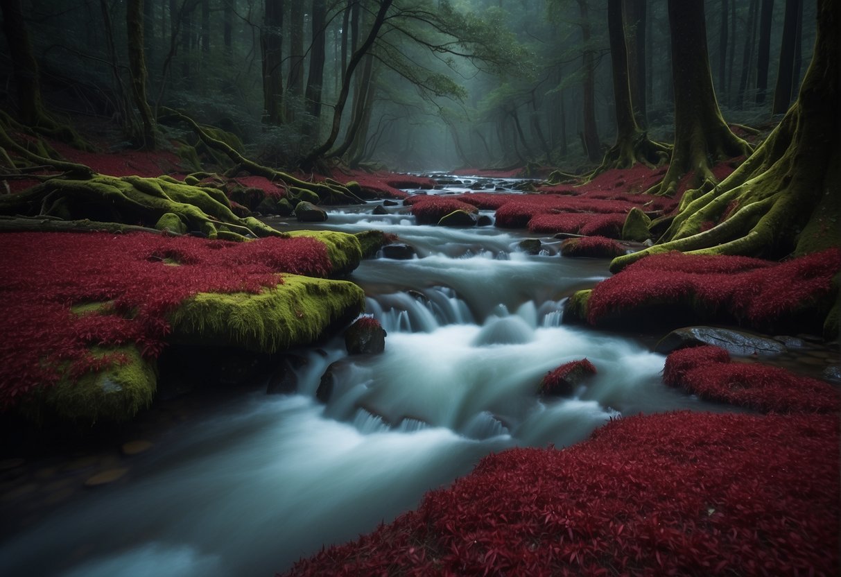 A crimson river flows through a dark forest, swirling around ancient trees and forming intricate patterns on the forest floor