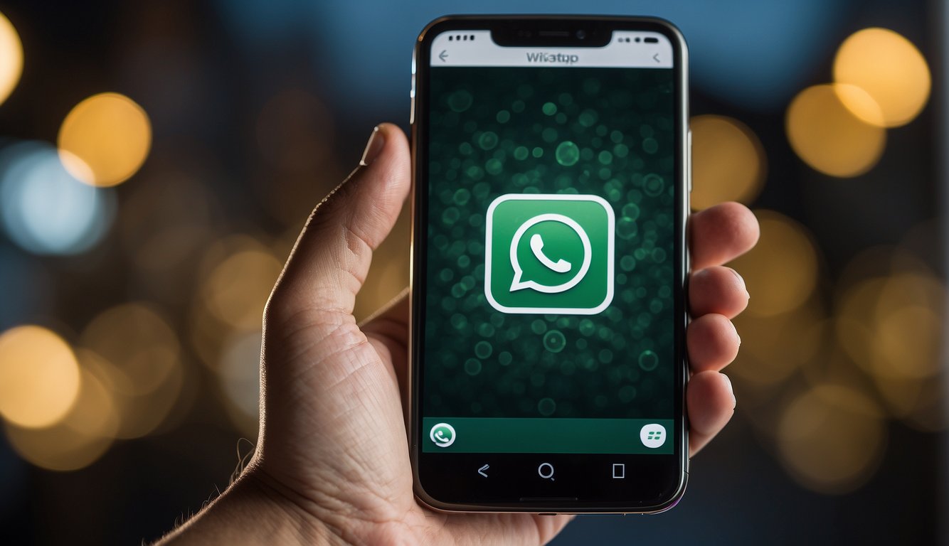 A hand holding a smartphone with two WhatsApp icons open on the screen