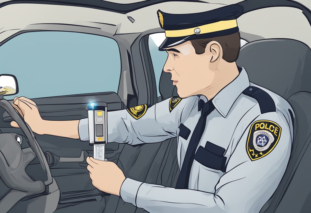 A police officer holds a breathalyzer device up to a driver's mouth. The driver exhales into the device as the officer observes the reading